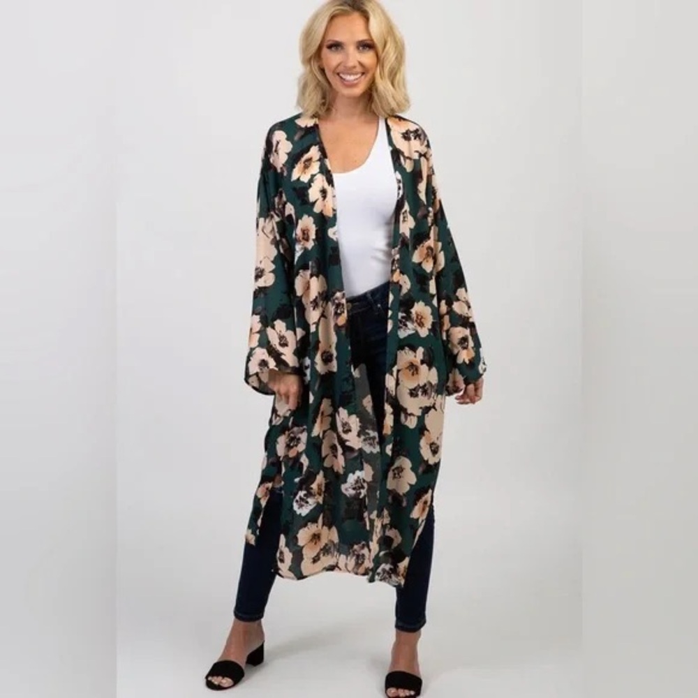 PinkBlush Green Floral Chiffon Long Maternity Plus Cover Up size 1X